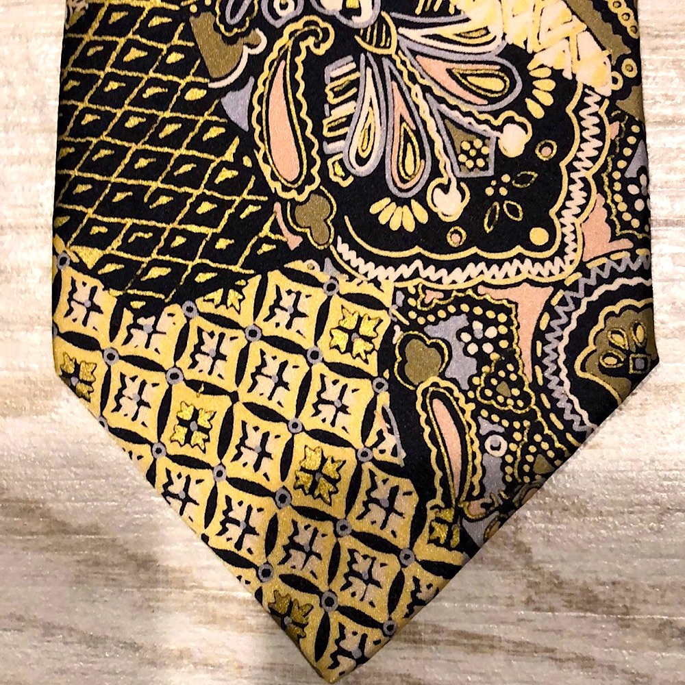 LUXURY Brioni Silk Tie Paisley Floral Black Shimmering 24K Gold Painted, Italy